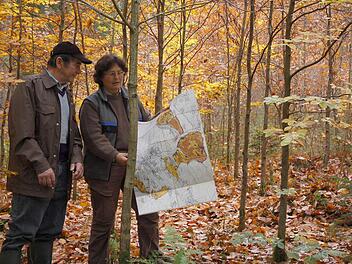 Günther Schelhorn und Anke Schäfer bei der Planung in einem Laubholzbestand, der vor etwa 15 Jahren angelegt wurde. Foto: Rainer Lutz