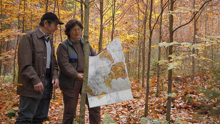Günther Schelhorn und Anke Schäfer bei der Planung in einem Laubholzbestand, der vor etwa 15 Jahren angelegt wurde. Foto: Rainer Lutz
