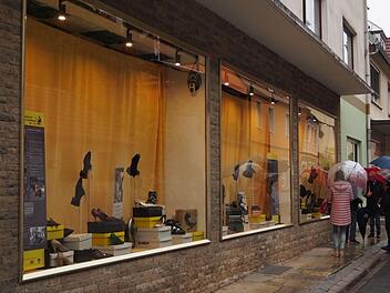 Einige Besucher kamen zur Er&ouml;ffnung der Ausstellung und trotzten dem Regen. In den Schaufenstern sind Schuhe aus verschiedenen Jahrzehnten zu sehen. Die Informationstafeln in den "Vitrinen" ordnen die Exponate in den geschichtlichen Zusammenhang ein.  Foto: Rebecca Haas