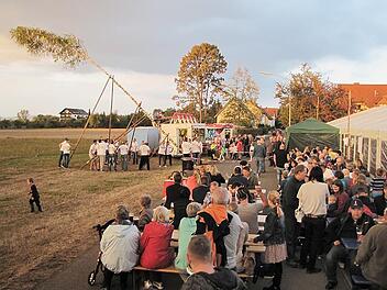 Der Kerwa-Baum wird auf dem Festplatz im Gries in die Senkrechte gehievt.