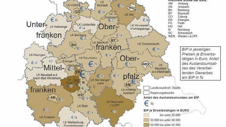 Bruttoinlandsprodukt (BIP) je Erwerbstätigen und Anteil des Auslandsumsatzes am BIP 2009. Quelle: Regionalmonitor Metropolregion Nürnberg
