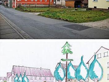 Bestand (oben) und Konzeptskizze (unten) zur Nordseite des Dorfplatzes  Foto/Skizze: Barth&Nißlein