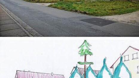 Bestand (oben) und Konzeptskizze (unten) zur Nordseite des Dorfplatzes  Foto/Skizze: Barth&Nißlein