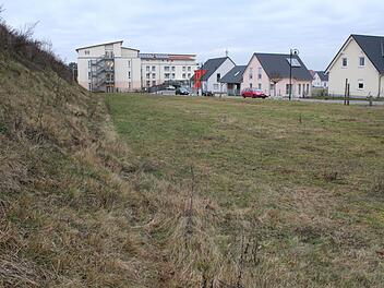 Rechts entlang der Straße soll das Gerätehaus der zusammengelegten Feuerwehren von Hemhofen und Zeckern entstehen. Es soll als Lärmschutz für die Wohnbebauung rechts dienen, dafür soll der Erdwall links verschwinden. Foto: Archiv/Evi Seeger