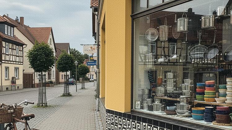 Außenansicht eines Haushaltswarenladens in einer Kleinstadt. Im Schaufenster sind unter anderem Töpfe, Pfannen und Kuchenformen zu sehen.
