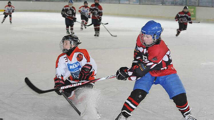 Wirbelnde Eis-Kristalle: Bad Kissingens Jung-Wolf Christian Kaiser (rechts) in Aktion im Spiel gegen Bad Nauheim. Fotos: Hopf
