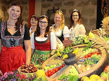 Die neue Karpfenkönigin Nina I., Bierkönigin Dorothea, Kirschenkönigin Sandra I., Spargelkönigin Anna und Meerrettichkönigin Christine I. (oben von links) bemühen sich um die Vermarktung regionaler Produkte. Foto: Evi Seeger