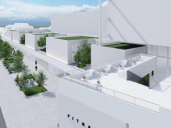 So soll der Blick übers "neue Atrium" in Richtung Bahnhof aussehen. Das Gebäude würde 14 Meter schlanker, dadurch entsteht unter anderem Platz für Grünanlagen und Fahrradparkplätze. Entwurf: Bornhofen Architekten