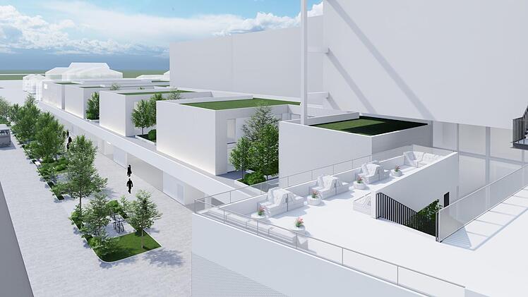 So soll der Blick übers "neue Atrium" in Richtung Bahnhof aussehen. Das Gebäude würde 14 Meter schlanker, dadurch entsteht unter anderem Platz für Grünanlagen und Fahrradparkplätze. Entwurf: Bornhofen Architekten