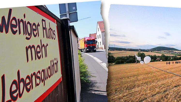 Die Nüdlinger BIs protestieren mit Schildern gegen den Verkehr und mit einer Luftballonbrücke gegen die geplante Trasse. Schlereth/Borst/ Collage: Klumb