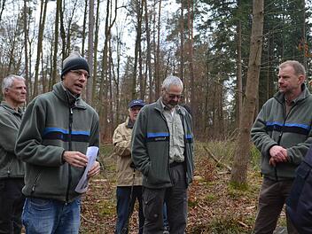 Peter Bittermann (vorne links) und Alexander Maunz (rechts) stellen den Mitgliedern der Waldkörperschaften den Kissinger Stadtwald vor.  Foto: Andreas Lomb