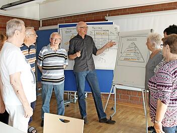 Während die Demenzkranken von den Ehrenamtlichen betreut werden, erklärt Stephan Seeger den Angehörigen auf Burg Feuerstein die Bedürfnispyramide.  Foto: Carmen Schwind