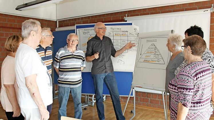 Während die Demenzkranken von den Ehrenamtlichen betreut werden, erklärt Stephan Seeger den Angehörigen auf Burg Feuerstein die Bedürfnispyramide.  Foto: Carmen Schwind