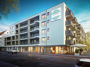 So soll die zur Kloster-Langheim-Straße gelegene Fassade aussehen. Knackpunkte bei der Planung waren unter anderem die vom Bauträger gewünschte durchgängige Viergeschossigkeit, die nun an einigen stellen durchbrochen ist, und die Größe der Tiefgarage.  Animation: Raab Wohnbau GmbH
