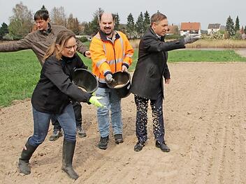 Warfen bei Untermembach die ersten Blumensamen auf den Landkreis-Acker, von links: Angelika Schiffer, Thomas Schierhorn, Gerhard Köhler und Alexander Tritthart.  Fotos: Andreas Dorsch