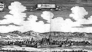 Der Türmer von St. Martin. Forchheim, Stadtansicht von 1656 (aus Matthäus Merian, Topographica Franconiae)  Repro: FT
