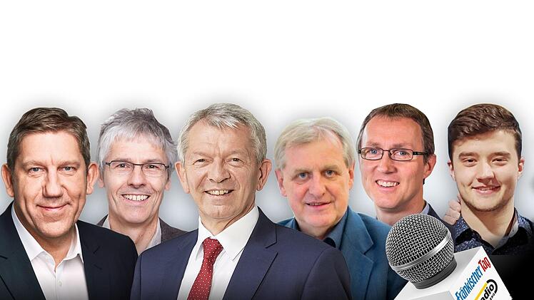 Am Montag, 17. Februar, diskutieren miteinander (v.l.): Andreas Schwarz (SPD), Bernd Fricke (Die Gr&uuml;nen), Johann Kalb (CSU), Bruno Kellner (FW/&Uuml;WG), Tobias Sieling (&Ouml;DP) und Marco Strube (FDP).  Grafik: Micho Haller