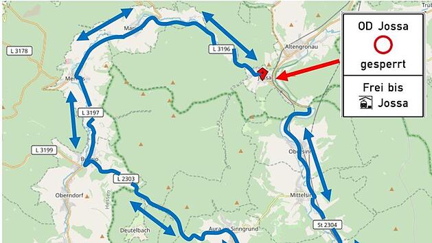 Die 40 Kilometer lange Umleitung f&uuml;hrt &uuml;ber Marjo&szlig;, Mernes, Burgjo&szlig;, Aura, Burgsinn, Mittelsinn und Obersinn.          Grafik: Hessen Mobil