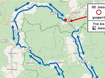 Die 40 Kilometer lange Umleitung führt über Marjoß, Mernes, Burgjoß, Aura, Burgsinn, Mittelsinn und Obersinn.          Grafik: Hessen Mobil