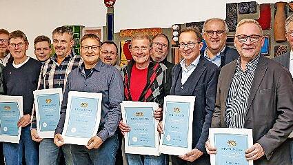 Die ausgezeichneten Ausbilder mit der HWK-Führung: (v.l.) Metzgermeister Thomas Köhn, HWK-Geschäftsführer Rainer Beck, Metallbauermeister Thomas Limmer, Kreishandwerkermeister Karl-Michael Hopf (Bayreuth), Schreinermeister Reinhard Schmidt, HWK-Ge...