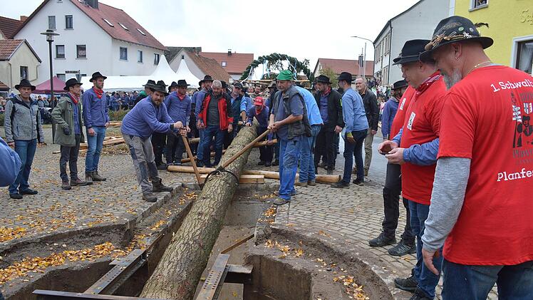 Manneskraft war gefragt, aber auch Fachwissen, um den fast 30 Meter hohen Planbaum am Samstag aufzurichten. Foto: Isolde Krapf
