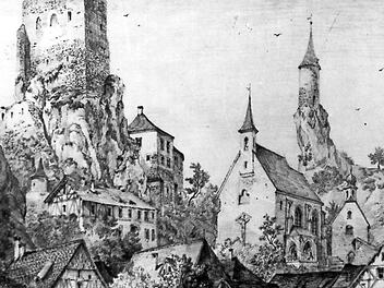 Ludwig Richter fertigte diese Ansicht von Waischenfeld im Jahr 1845 an, bei seinem zweiten Besuch. Und wie es sich zu jener Zeit gehörte, wurde die Burgruine romantisch überhöht. Foto: Archiv