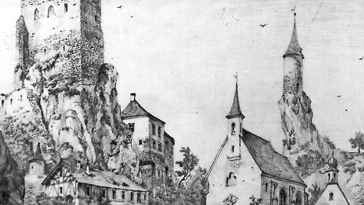Ludwig Richter fertigte diese Ansicht von Waischenfeld im Jahr 1845 an, bei seinem zweiten Besuch. Und wie es sich zu jener Zeit gehörte, wurde die Burgruine romantisch überhöht. Foto: Archiv