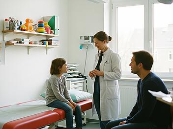 Kinderarztpraxis, Kinderarzt, Kinderärztin mit Kind und Vater