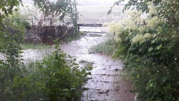Beim Gewitter: In zwei Strömen ergoss sich der Schlamm vom obenliegenden Acker am Dienstag-Nachmittag in das Grundstück von Familie Pfaff in Fatschenbrunn. Der rechte Strom führte direkt in die Lichtschächte des Kellers.