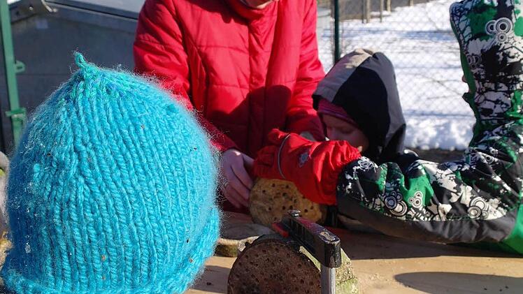 Bei noch winterlichen Temperaturen bohrten die Kinder Löcher in die Baumscheiben, bündelten Äste und befüllten das Insektenhotel-Gestell schon mal probeweise.