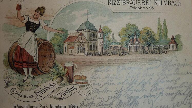 Unter den sechs größten Kulmbacher Brauereien war auch die Rizzibräu vertreten. Von ihr gibt es eigene Postkarten zu diesem stolzen Ereignis. Rechts im Bild das großzügige Kulmbacher Bierhallenensemble. Deutlich ist dabei der nachempfundene Christiansturm der Plassenburg zu erkennen; links die "Rizzi-Liesl".  Repro: Helmut Geiger