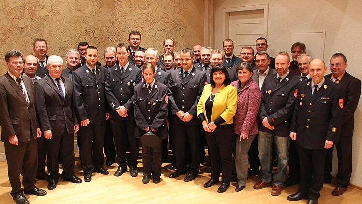 Stellvertretend für alle Helfer nahmen die Geehrten vom stellvertretenden Landrat Günther Geiling (Vierter von links) das Abzeichen "Fluthilfe 2013" entgegen. Die beiden Frauen im Bild - Gertrud Bühl (Breitbrunn) und Adelinde Friedrich (Zeil) - vertraten ihre Kommunen. Foto: Katja Kölbl