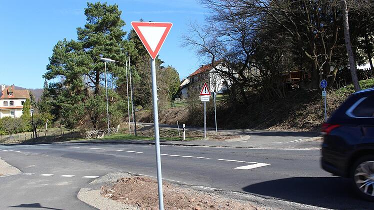 Im Staatsbad kreuzt der Fahrradweg die Frankfurter Straße - mit Verkehrsschilder für Auto- und Radfahrer. Foto: Julia Raab