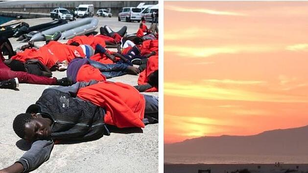 Flüchtlingsleid am Hafen von Tarifa: Die Menschen wurden vom spanischen Seerettungsdienst in der Straße von Gibraltar gerettet (links). Rechts: Urlaubsidylle an der Costa de la Luz: Palmen, Sand, Sonnenuntergang - so ruhig kann ein Tag am Strand von Tarifa enden.  Fotos:  Marcos Moreno, dpa, und  Natalie Schalk