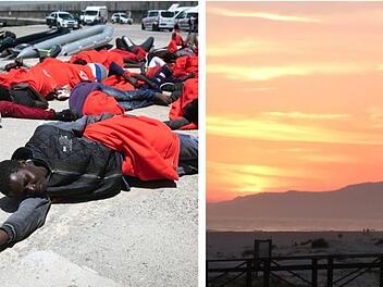 Flüchtlingsleid am Hafen von Tarifa: Die Menschen wurden vom spanischen Seerettungsdienst in der Straße von Gibraltar gerettet (links). Rechts: Urlaubsidylle an der Costa de la Luz: Palmen, Sand, Sonnenuntergang - so ruhig kann ein Tag am Strand von Tarifa enden.  Fotos:  Marcos Moreno, dpa, und  Natalie Schalk