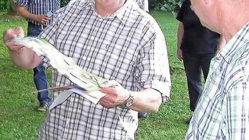 Urkunde und Präsent für ein halbes Jahrhundert Mitgliedschaft im LBV übergibt Gerold Schlosser (links) an den Vorsitzenden des Obst- und Gartenbauverein Gestungshausen. Foto: Klaus Oelzner