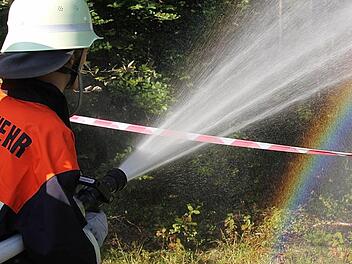 Erstmals simulierte die Freiwillige Feuerwehr Westheim bei ihrer Herbstübung einen Waldbrand. Das Löschwasser musste über fünf Kilometer vom Gewerbegebiet zum Einsatzort am Alten Sportplatz transportiert werden. An der Übung nahmen elf Wehren teil.  Fotos: Gerd Schaar