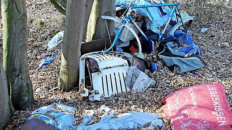 Reste eines Zeltes und eines Grills, jede Menge Unrat, ein altes Fahrrad zeugen vom Lager eines Unbekannten, der am Ufer der Baunach sein (Nacht-) Quartier eingerichtet hatte. Ein "Vormieter" indes ist bei Stadtverwaltung und Polizei bekannt. Foto: Ralf Kestel