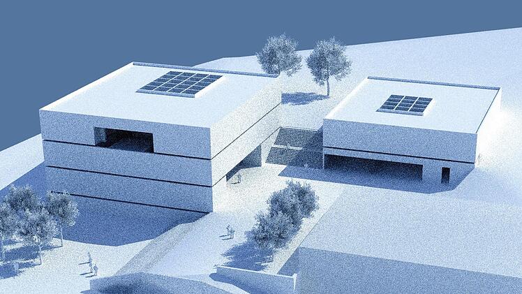 Ein pixeliger Vorentwurf zeigt die dreistöckige Schule (links) und den  angrenzenden Hort. Die Turnhalle   bleibt. Grafik: hjp-Archichtekturbüro