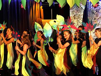 Die Tänzerinnen aus der 7a/7b in ihren tollen Kostümen bei ihrem "Vogeltanz". Fotos: Günther Geiling