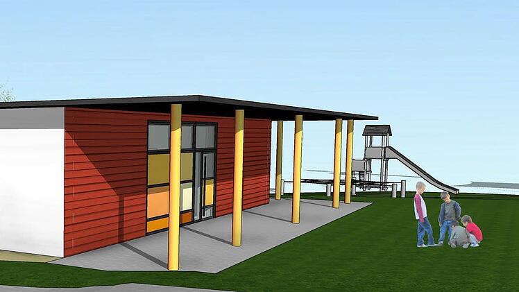 Als eingeschossiges Gebäude in Holzbauweise ist der neue Kindergarten in Volkers geplant. Vom Gruppenraum können die Kinder direkt ins Freie auf die Terrasse. Entwurf: Entwurf: Stefan Richter