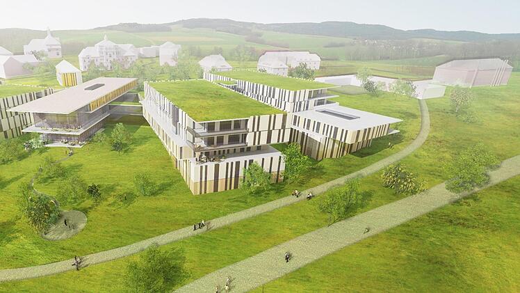 Dieses Bild zeigt den aktuellen Planungsstand des ersten Bauabschnittes für den Neubau des Bezirksklinikums Obermain in Kutzenberg der Architekten Beeg/Lemke aus München.  Planskizze: Büro Beeg/Lemke