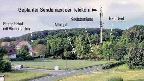 Die Grafik der B&uuml;rgerinitiative zeigt den geplanten Standort des Sendemastes und die umliegenden Freizeitm&ouml;glichkeiten. Foto: B&uuml;rgerinitiative