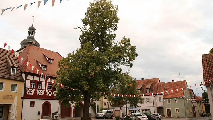 Die Linde am Marktplatz macht keine gute Figur mehr - daran können selbst die Fähnchen nichts ändern, die derzeit anlässlich der Markt Einers-heimer Kirchweih aufgehängt  sind. Foto: Alfred Molitor