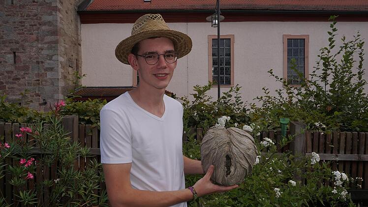 Anhand eines alten Nests der "mittleren Wespe" zeigt Wespenberater Julian Herbert, wie filigran der Aufbau eines Wespennestes ist. Foto: Marion Eckert