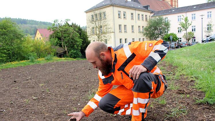 Drei neue Blühwiesen sollen in Kürze Insekten eine neue Heimat geben. Gärtner Peter Martin prüft den Boden vor dem alten Landratsamt. Foto: Julia Raab