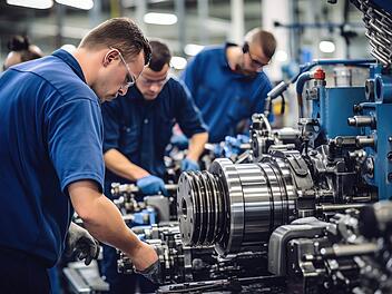 Deutschlands Industrie steht unter Druck durch hohe Energiekosten, sinkende Exporte und harte Konkurrenz aus China, was besonders zu einem Jobabbau in der Automobilindustrie führt. Industrie, Zeitarbeit, Gehalt, Lohn, Mindestlohn, Euro, Geld