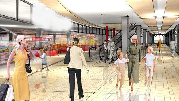 So soll das "Fritz" k&uuml;nftig im Erdgeschoss ausschauen. Geplant ist, dass dort, wo jetzt das "Kaufland" ist, eine  Rolltreppe (im Hintergrund)  direkt von der  Mall ins Parkhaus f&uuml;hrt.Visualisierung:  Futura
