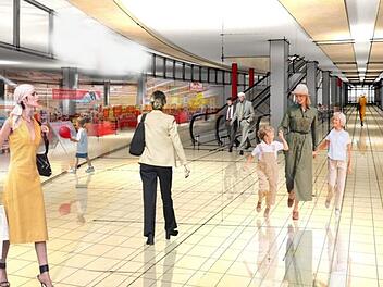 So soll das "Fritz" künftig im Erdgeschoss ausschauen. Geplant ist, dass dort, wo jetzt das "Kaufland" ist, eine  Rolltreppe (im Hintergrund)  direkt von der  Mall ins Parkhaus führt.Visualisierung:  Futura