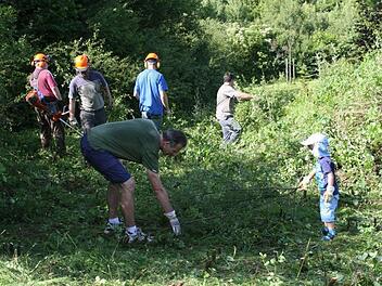 Dort, wo einmal der Spielplatz entstehen soll, entfernen die Mitglieder der Fördervereins schon einmal die Büsche.  Foto: Galster